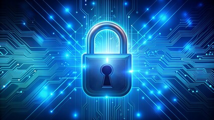 Secure digital padlock glowing on vibrant blue circuit board network, representing cybersecurity and data protection