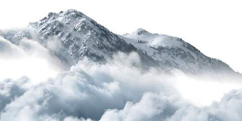 Snow covered mountains emerging from clouds isolated on a transparent background
