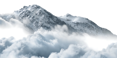 Snow covered mountains emerging from clouds isolated on a transparent background