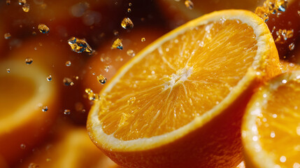 Fresh oranges cut into slices, exploding mid-air with peels and juice droplets, vibrant lighting emphasizing color and texture of citrus