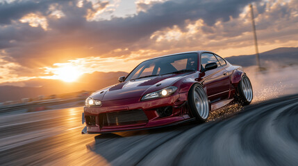 Red racing car drifting at high speed on asphalt track, sparks flying from underbody, vibrant sunset casting long shadows, motion blur emphasizing speed