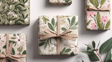 Blank jewelry wrapping paper template with botanical pattern. Pastel colors. Gift packaging mockup