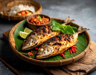 Grilled fish with vibrant chili sauce and lime on a tropical leaf for a delicious meal