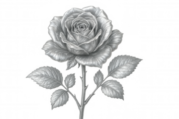Delicate pencil sketch rendering rose in full bloom, showcasing intricate petals, verdant leaves, graceful stem against transparent backdrop