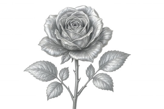 Delicate pencil sketch rendering rose in full bloom, showcasing intricate petals, verdant leaves, graceful stem against transparent backdrop