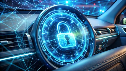 Futuristic car dashboard features digital padlock icon symbolizing advanced vehicle security and connected technology