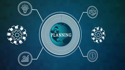 Futuristic technology concept with globe and icons representing innovation, collaboration, automation, finance and industry as symbols of progress and interconnection in the digital age. - Powered by Adobe