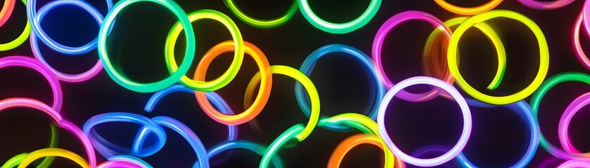 A vibrant array of glowing circles in a variety of neon colors creates a captivating pattern against a dark background.