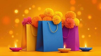 Diwali lamps with colorful shopping bags and marigold flowers on vibrant festive background