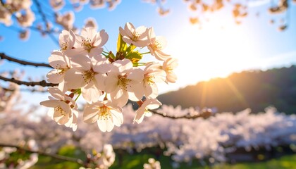 Blossoming branches. White cherry blossoms flourish under a bright, sunlit sky, with lush greenery blurred in the background.