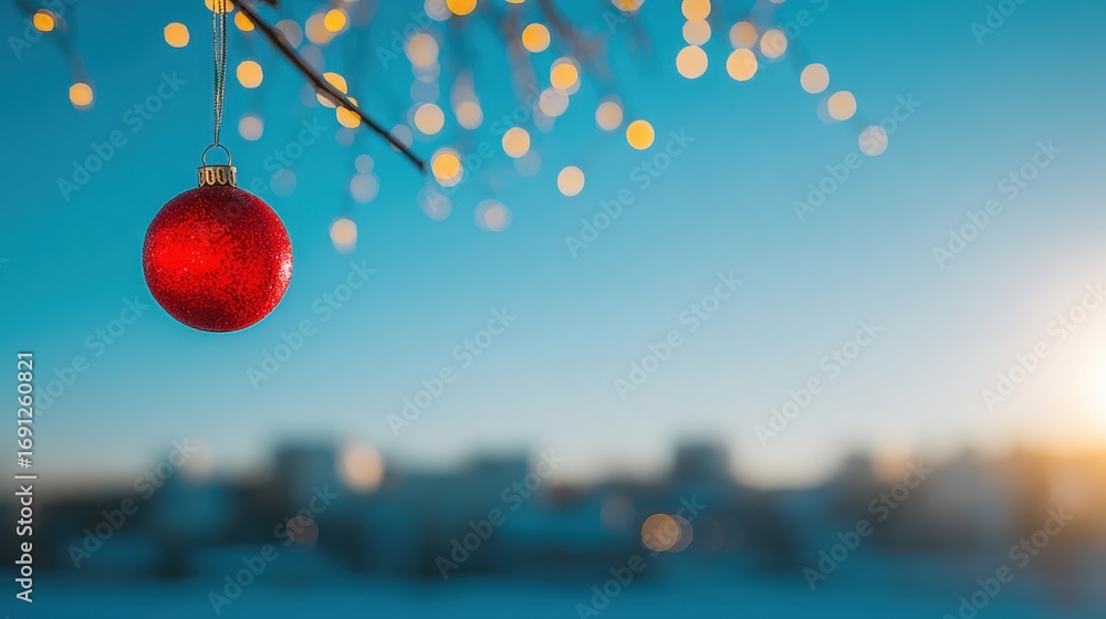 Poster red ornament hangs from a branch with soft bokeh lights in the background