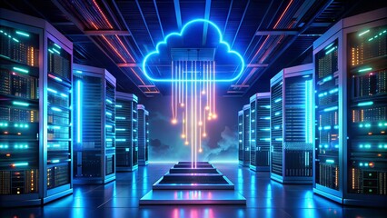 Dynamic data center with glowing cloud and digital streams symbolizing connectivity and information flow