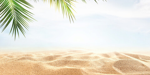 Beautiful beach sand and palm leaves create a tropical paradise background with bright sky and soft...