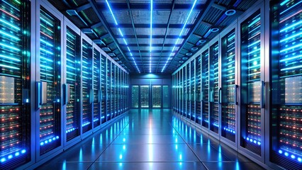 Fototapeta premium Vibrant blue server room with glowing lights, a futuristic data center hallway.