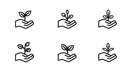 Naklejka premium Six line art hand icons holding a plant seedling, arranged in a two-row grid