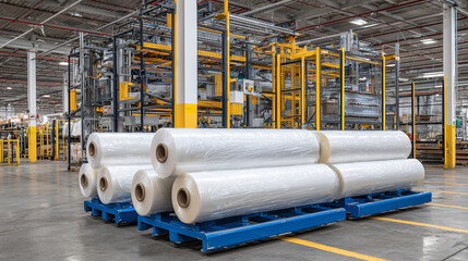 Industrial warehouse with multiple rolls of clear and colored plastic film, neatly aligned on metallic racks, advanced machinery in the background