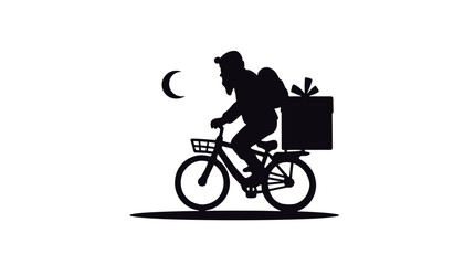 Obraz premium Silhouette of a man riding bicycle with gifts at night for Christmas 
