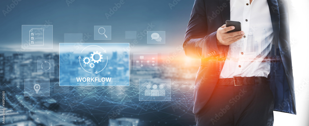 Poster workflow optimization concept featuring interconnected gears, task management, collaboration, proces