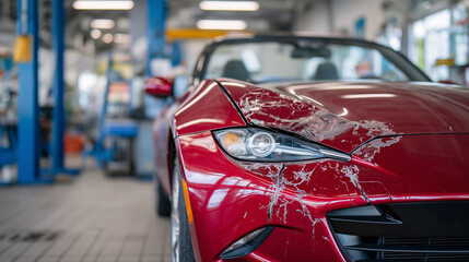 Crumpled front corner of red sports car, broken headlight and scratched hood, repair shop environment highlighting industrial feel and vehicle maintenance