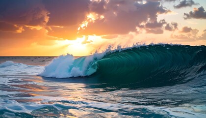 A vibrant wave curls toward shore at sunset, its turquoise depths reflecting the golden light. Clouds blaze above, casting a warm glow on the churning water and sandy beach below
