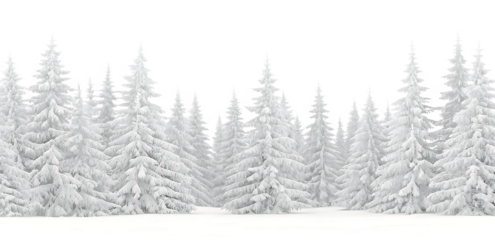 Snow covered pine trees on white background png isolated on a transparent background - Powered by Adobe