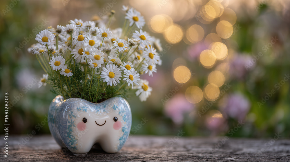 Poster cute and cheerful tooth-shaped planter overflowing with daisies, soft sunlight filtering through blu