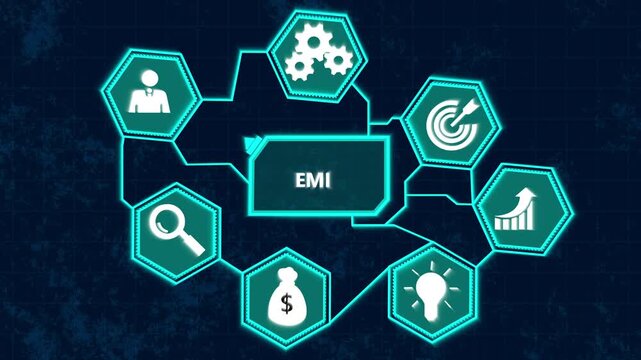 EMI electronic manufacturing services concept with icons for production and finance EMI, electronic, manufacturing, services, business, concept, production, finance, technology