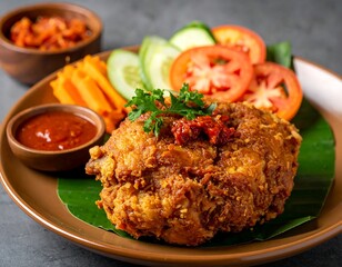 Crispy fried chicken with fresh vegetables and spicy sauce, a delicious culinary delight.