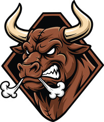 Angry bull mascot, aggressive animal illustration, steam nostrils, sports logo, powerful horns, fierce expression, vector art, cartoon style, branding