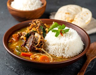 Delicious, flavorful lamb curry served with rice and naan bread, ready to eat and enjoy