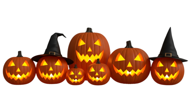 A collection of carved halloween pumpkins with glowing faces and witch hats, illuminated from within, isolated on white isolated on transparent background