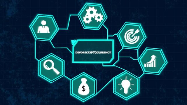 Digital network diagram with icons for Dev Ops Cryptocurrency business concepts and financial growth