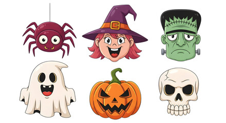 Collection of six classic halloween characters including a spider, witch, frankenstein, ghost, jackolantern, and skull, isolated on transparent background