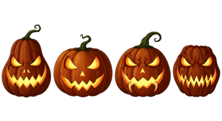 Four carved halloween pumpkins with scary faces, glowing from within, arranged in a row, isolated on a transparent background