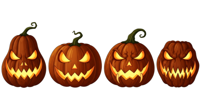 Four carved halloween pumpkins with scary faces, glowing from within, arranged in a row, isolated on a transparent background