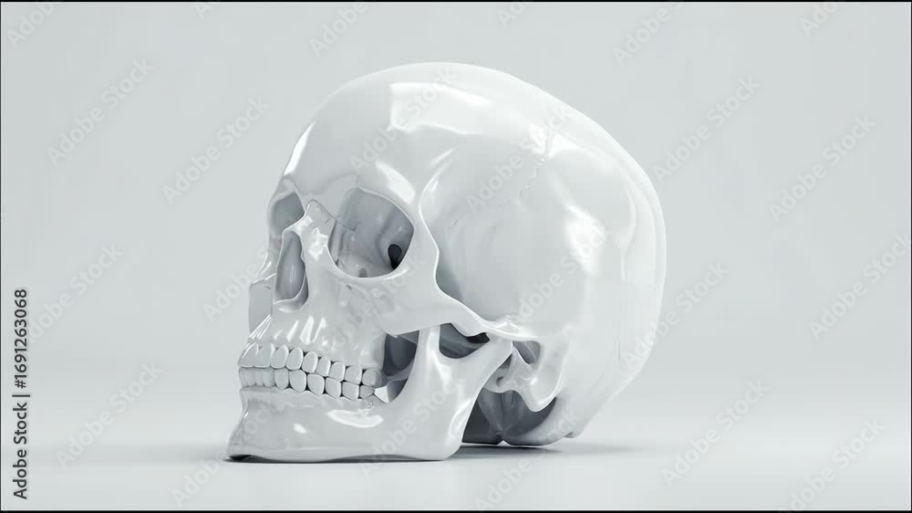 Poster exploration of a realistic human skull model showcasing intricate details and smooth texture in a we