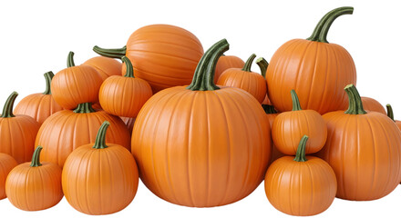 A large pile of various sized orange pumpkins with green stems, isolated on transparent background