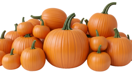 A large pile of various sized orange pumpkins with green stems, isolated on transparent background