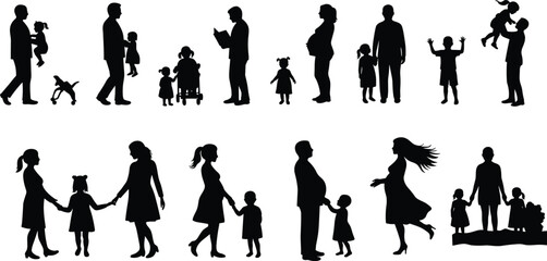 Silhouettes of family interactions with children, parents, and pregnant women – parenting, childcare, and love in family life