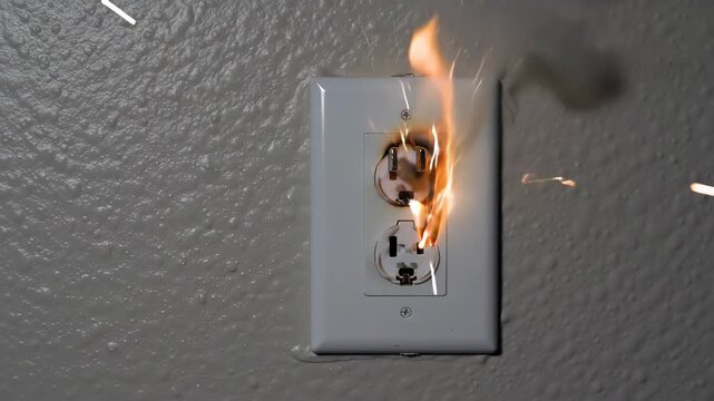 Electrical Outlet Catches Fire, Explodes with Sparks, and Smokes from a Dangerous Short Circuit.