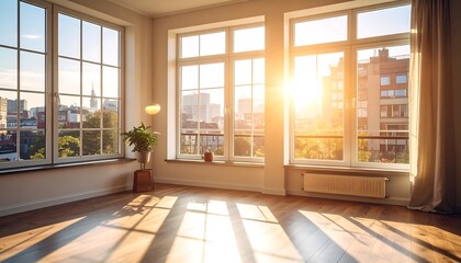 Bright, sunlit room with large windows offering an urban view. Sunlight streams across hardwood floors, illuminating a plant on a small stool, creating a warm, inviting atmosphere