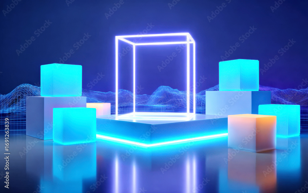 Poster modern glowing cubes with a central illuminated frame in a futuristic setting