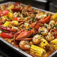 A colorful array of cooked lobster, shrimp, and corn on a metal tray.