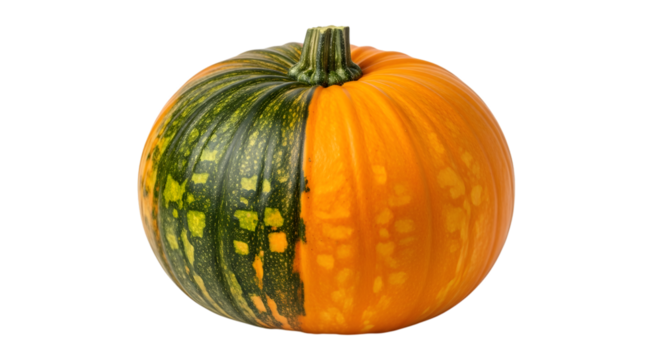 A unique bicolored pumpkin with half green and half orange, isolated on transparent background