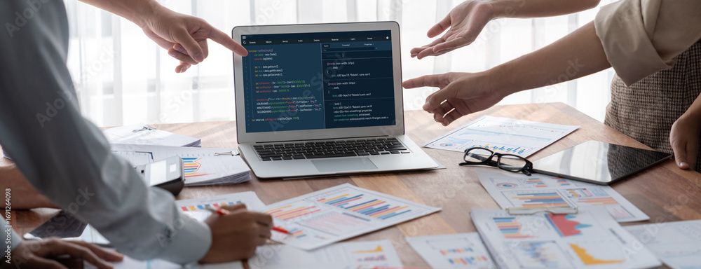 Poster software development programming on computer screen for brisk application and program coding