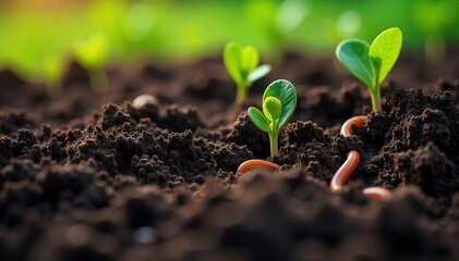 Dark, rich springtime soil freshly turned over, revealing earthworms and new growth Perfect for gardening, agriculture, and environmental themes Close-up texture shot , soil, moist