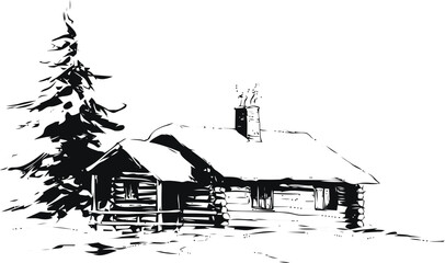 Fototapeta premium Log vector sketch hand drawn in nature, log cabin in forest black — stock vector