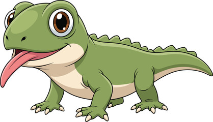 Obraz premium Cartoon lizard, green reptile, vector animal, smiling character, tongue out, expressive eyes, friendly creature, isolated illustration, children’s content, playful design