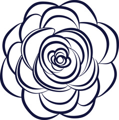 Navy blue outline of a rose with tightly layered petals in a circular pattern flower
