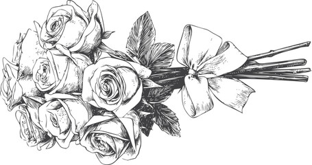 Rose vector sketch hand drawn line art in nature, rose bouquet with ribbon in vintage — stock vector